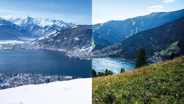 Comparison of a landscape panorama in summer and winter, divided in a split-screen view. | © Zell am See-Kaprun Tourismus