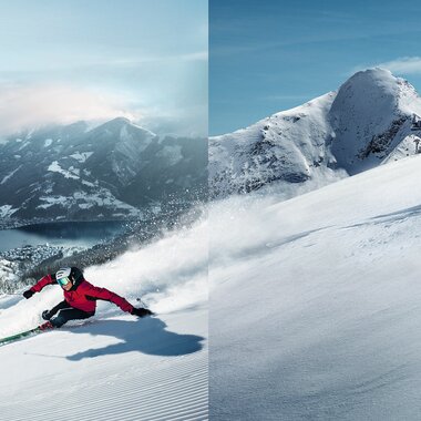 Split-screen image of a skier on a snow-covered slope in the mountains, surrounded by a winter landscape. | © Zell am See-Kaprun Tourismus