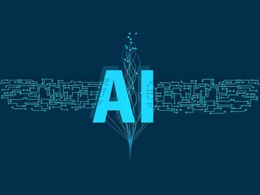 Illustration of artificial intelligence with a light blue AI text on a dark blue background, surrounded by digital connections.