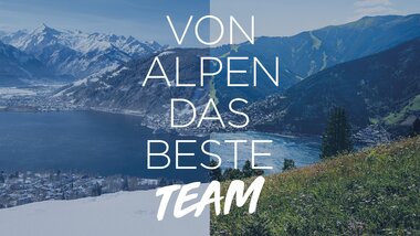 Spectacular Alpine landscape with lake, snow-capped mountains, and green meadows, divided by a diagonal line. | © Zell am See-Kaprun