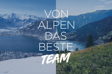 Spectacular Alpine landscape with lake, snow-capped mountains, and green meadows, divided by a diagonal line. | © Zell am See-Kaprun