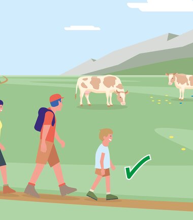 Family hiking in a safe alpine area with cows and mountain backdrop. | © Zell am See-Kaprun Tourismus