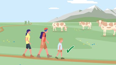 Family hiking in a safe alpine area with cows and mountain backdrop. | © Zell am See-Kaprun Tourismus