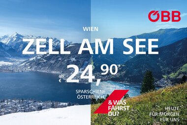 View of the lake with mountains in the background, advertisement for Zell am See from €24.90, with ÖBB logo. | © ÖBB & Zell am See-Kaprun Tourismus