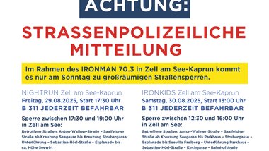 Traffic notice for the Ironman event area with road closures and detours in See-Kaprun, valid on Friday and Saturday. | © Zell am See-Kaprun