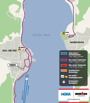 Map of the Ironman Zell am See-Kaprun swim and run course, start at the lake, swim start in Zeller See, running and cycling around the lake, finish in Zell am See. | © IRONMAN