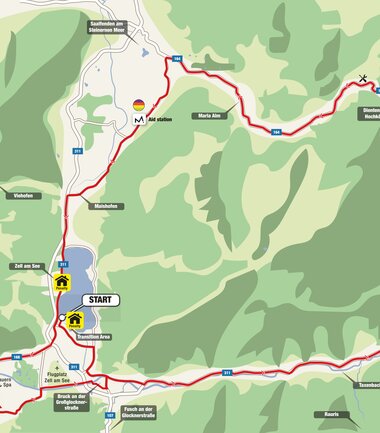 Map of the bike course at Ironman Zell am See-Kaprun showing start, finish, aid stations, and warning points. | © IRONMAN