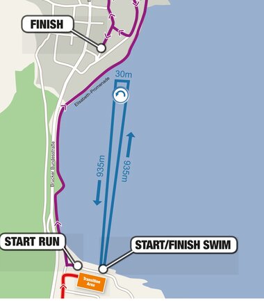 Map of swim and run routes at a triathlon in Zell am See-Kaprun. The swim starts and finishes at the start/finish point, while the run begins there as well. | © IRONMAN