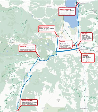 Map shows road closures and detours for events in the TriZell region, including timings and alternative routes. | © Zell am See-Kaprun Tourismus