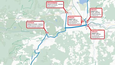 Map shows road closures and detours for events in the TriZell region, including timings and alternative routes. | © Zell am See-Kaprun Tourismus