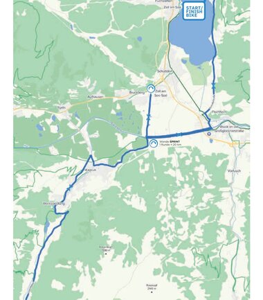Map of the bike route for the TriZell Bike event, starting at the lake with a start point on the north shore, passing through green landscapes and ending at a southern lake. | © Zell am See-Kaprun