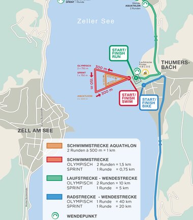 Triathlon course map at Zeller See including swimming, cycling, and running routes, hydration stations, turn points, and race start/finish lines. | © Zell am See-Kaprun Tourismus